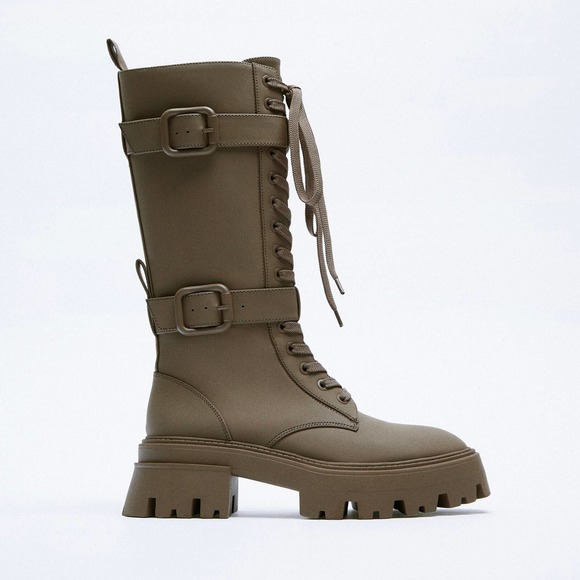 ZARA WAX FINISH LACE UP BOOTS MILITARY GREEN - Picture 10 of 16